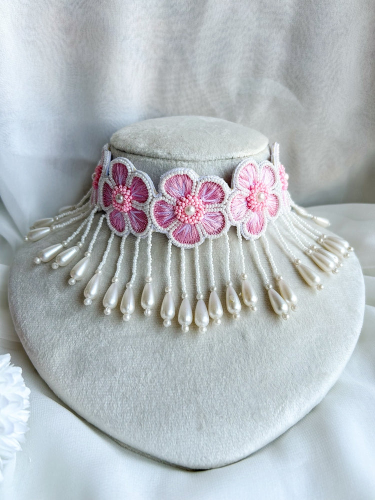 Pink Blossom Handmade Choker Necklace + Earrings Set