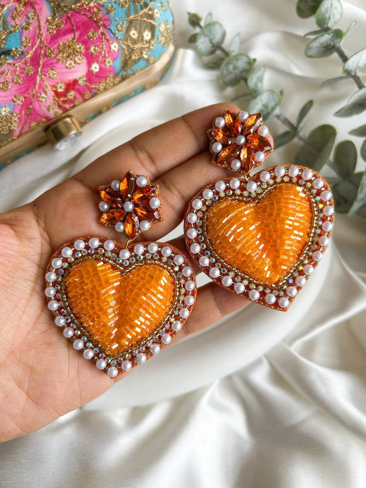 Ishqiya Orange Heart Drop Handmade Beaded Earrings