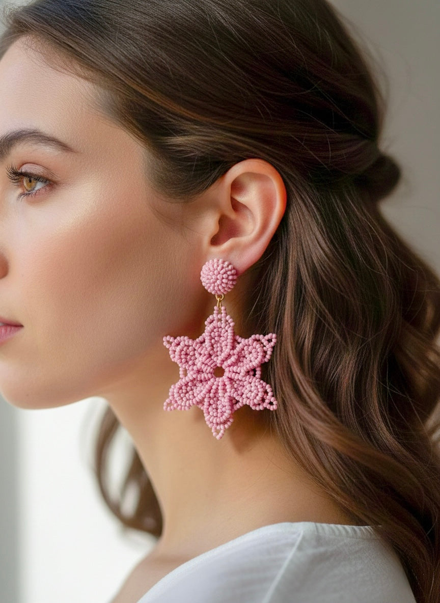 Blush Pink Delicate Snowflake Handmade Beaded Earrings