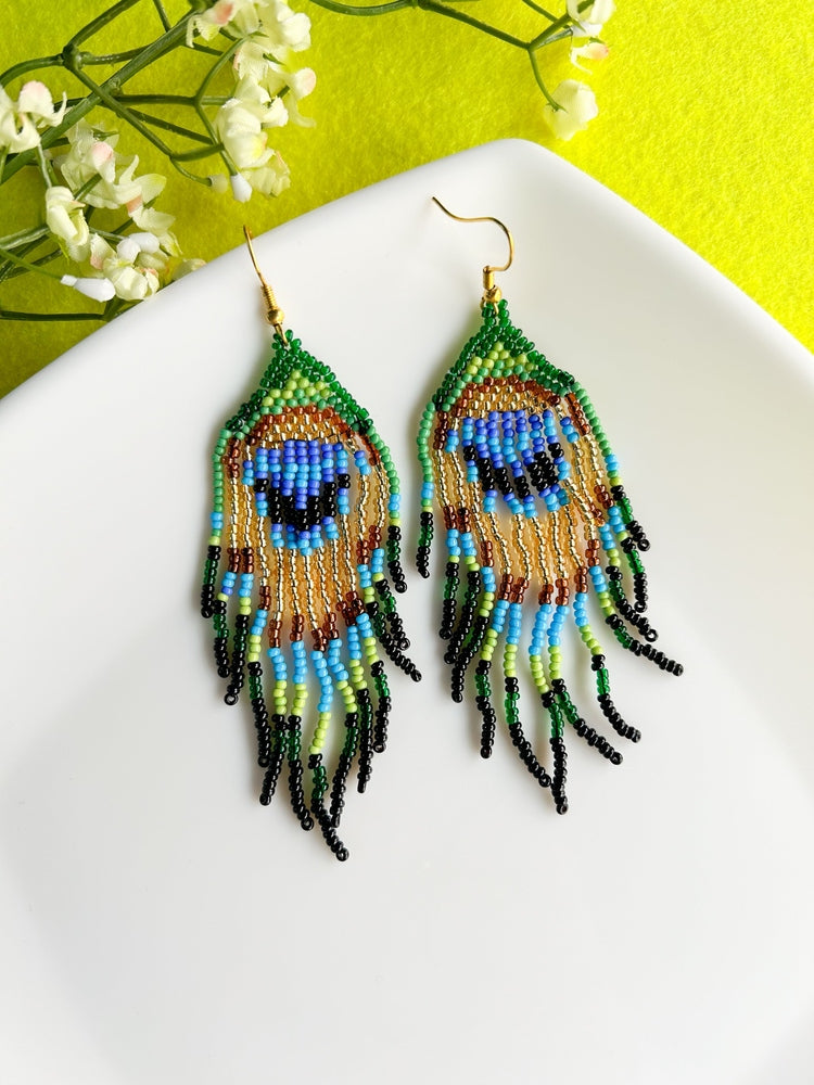 Boho Peacock Feather Handmade Beaded Tassel Bird Earrings