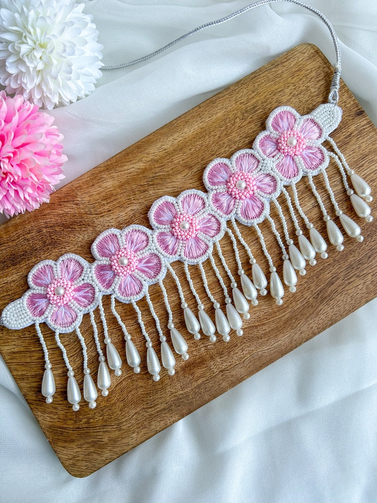Pink Blossom Handmade Choker Necklace + Earrings Set
