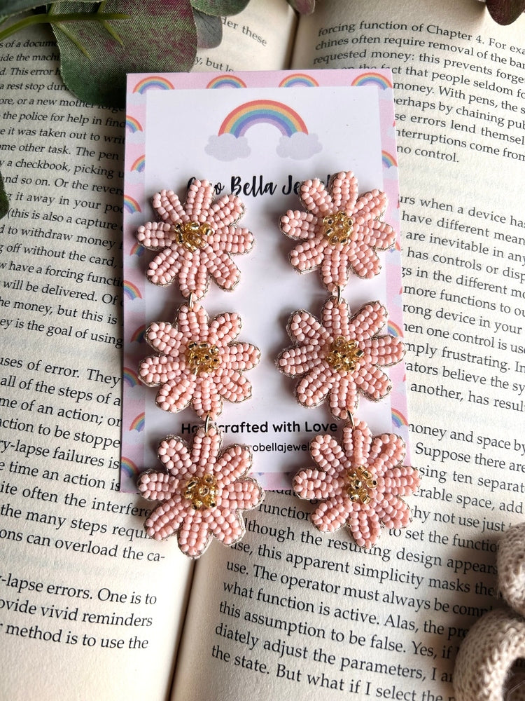 Nude Blush Petal Drops Handmade Beaded Flower Earrings