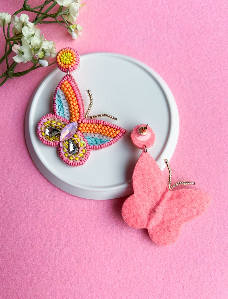 Sun-Kissed Pink Handmade Beaded Butterfly Earrings