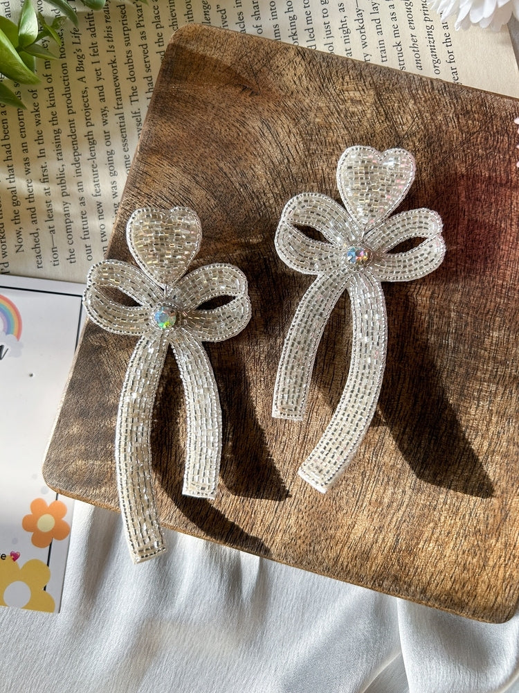 Glam Bow (Silver) Handmade Beaded Earrings