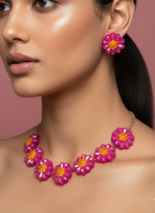 Sparkling Hot Pink Daisy Handmade Beaded Necklace + Earrings Set