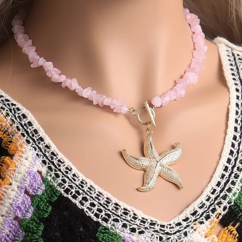 Marine Style Starfish Pink Beaded Chain Necklace