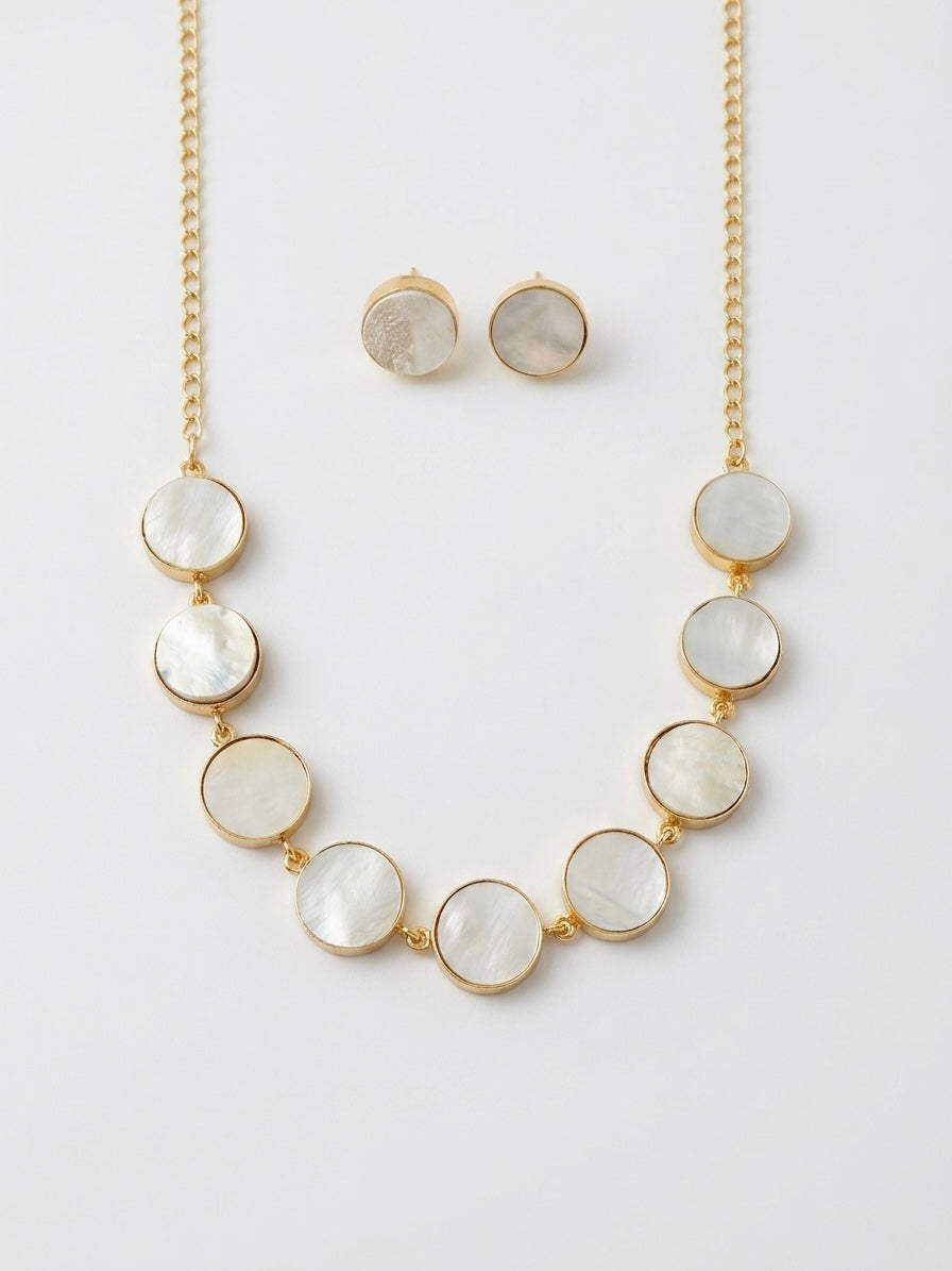 Moonstone Mother of Pearl Handmade Brass Necklace + Stud Earrings Set