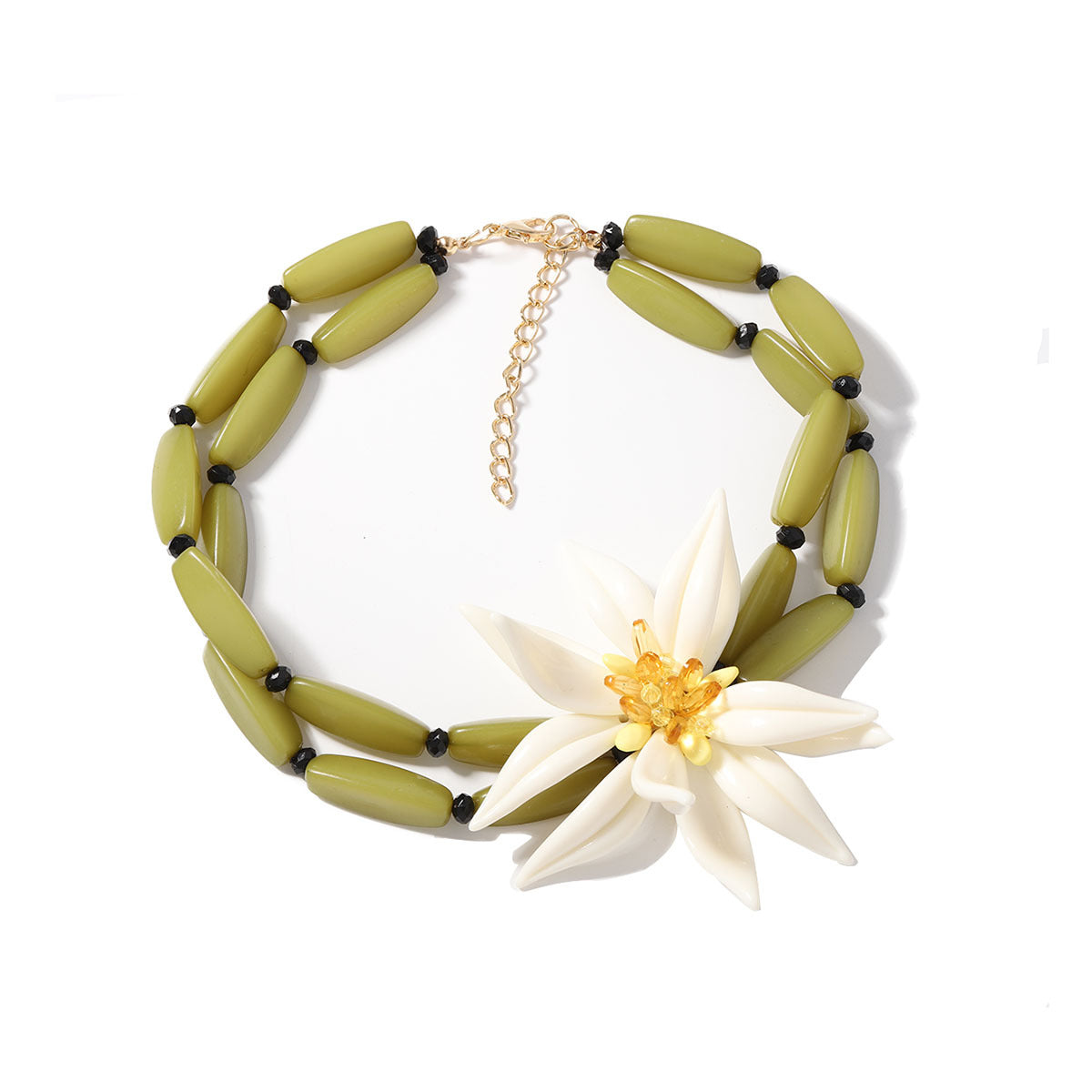 Tropical Flower Green Beaded Chain Statement Chunky Necklace