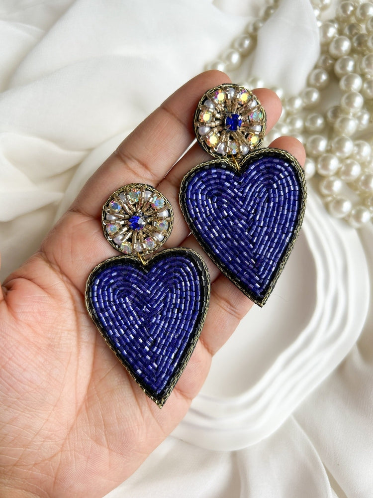 Glam Blue Heart Drop Handmade Beaded Earrings
