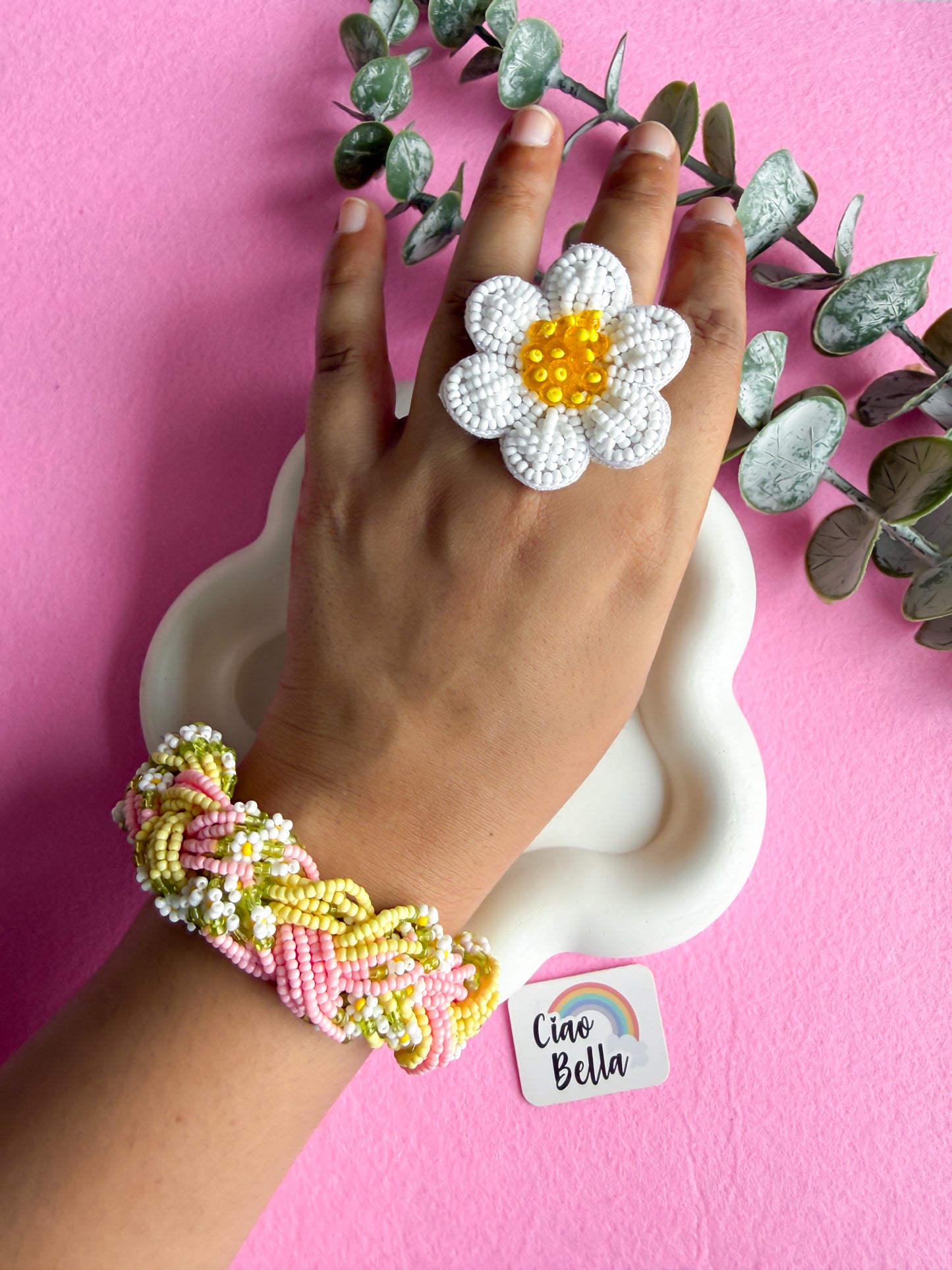 Luxe Flora Pink Yellow Handmade Beaded Bracelet + Ring Combo