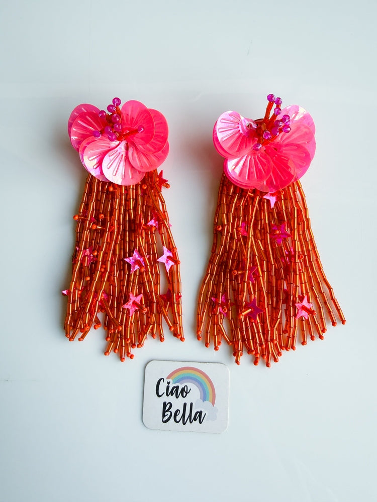 Sunset Pink Orange Star Flower Handmade Beaded Earrings