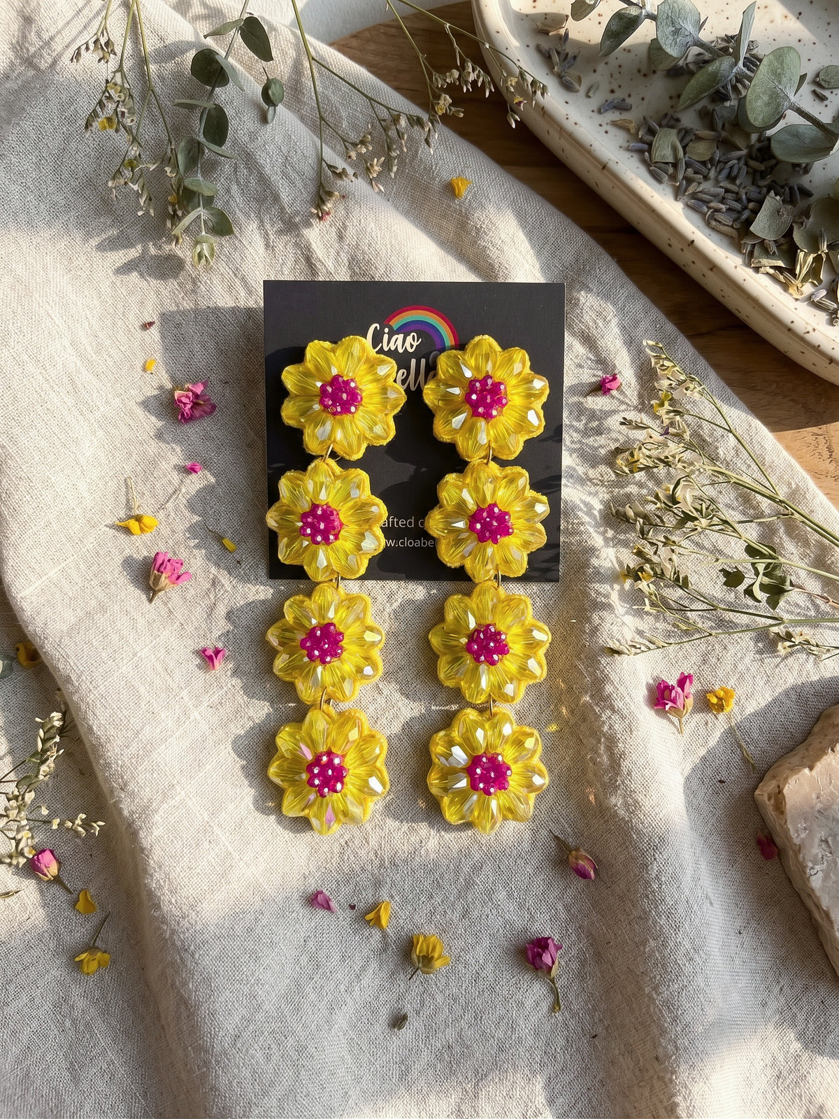 Sparkling Yellow Pink Daisy Flower Handmade Beaded Drop Earrings