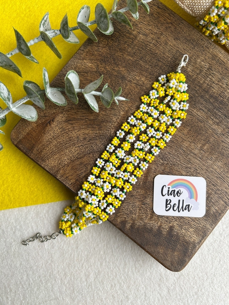Spring Bloom Yellow White Daisy Handmade Beaded Bracelet