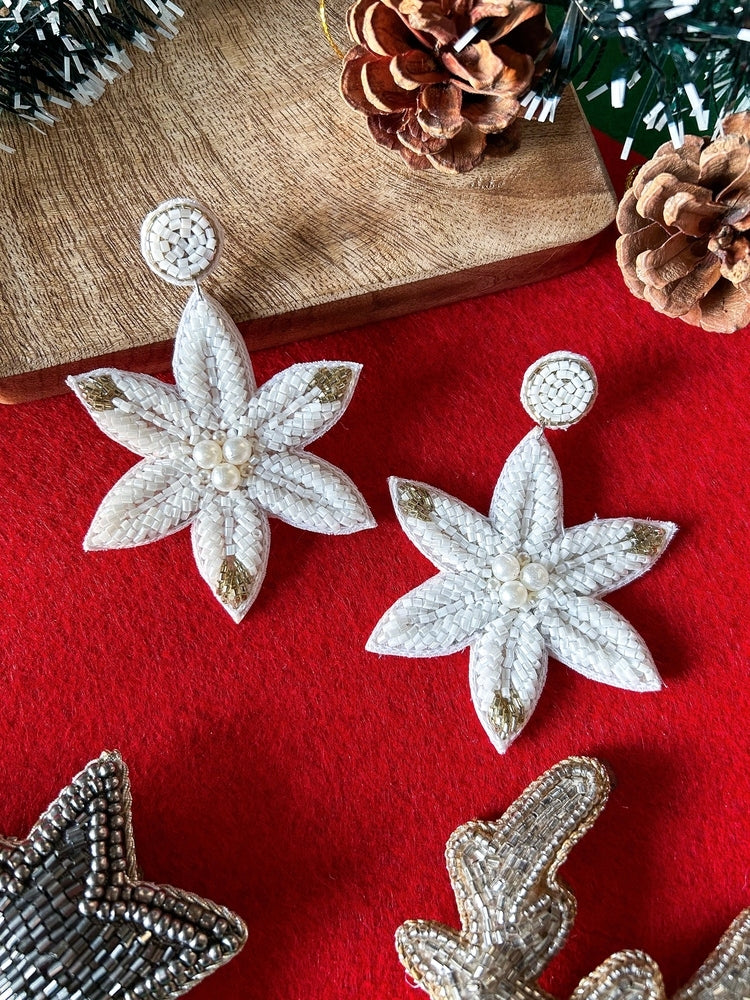 Snow Petals Handmade Beaded Flower Earrings