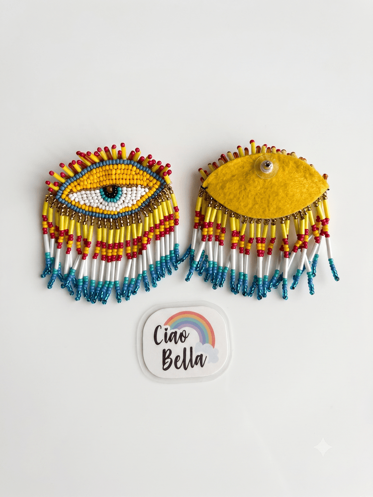 Golden Gaze Yellow Pink Evil Eye Handmade Beaded Tassel Earrings