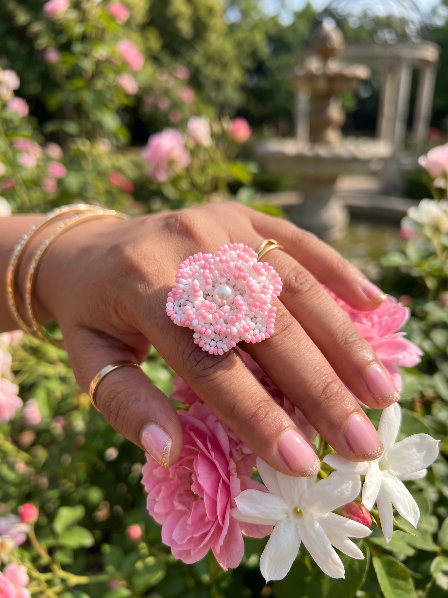 Crochet White Blush Pink 3D Rose Flower Handmade Beaded Ring