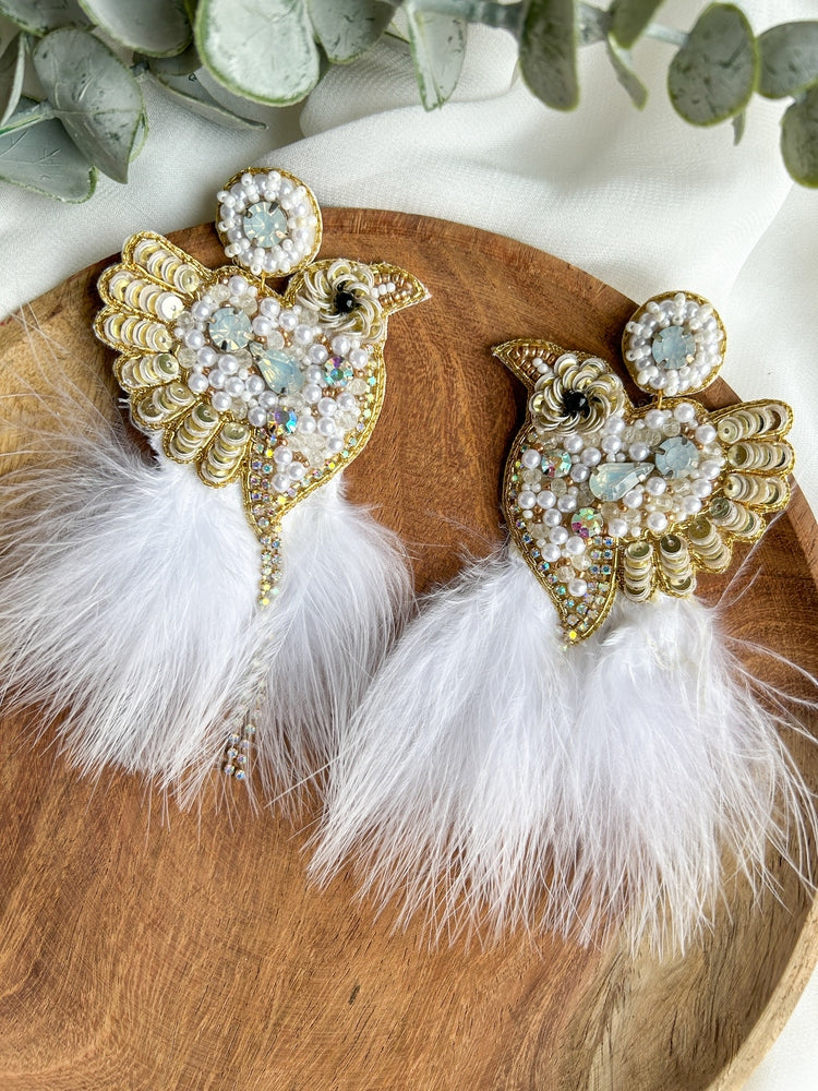 Glamorous Ivory Birdies Handmade Beaded Bird Earrings