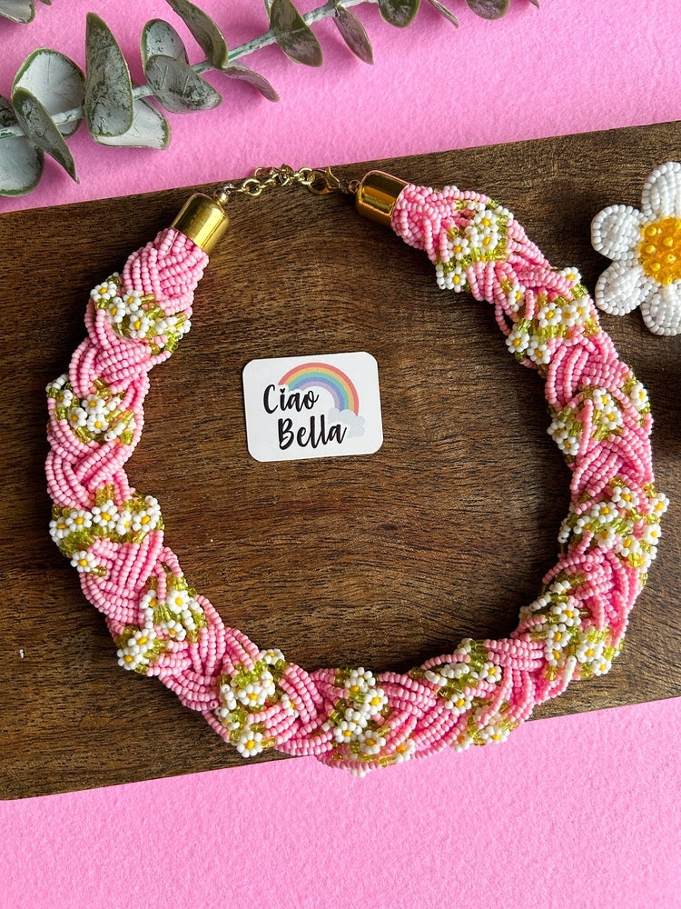 Luxe Flora Pink Handmade Beaded Necklace + Earrings Set