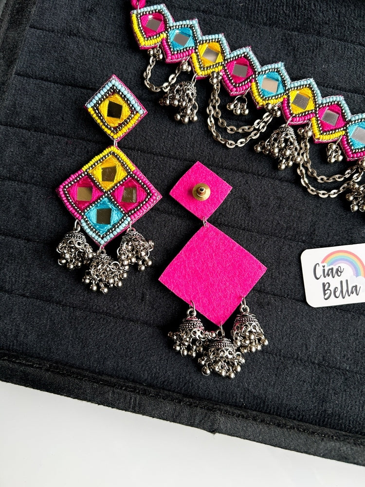 Rangrez Mirror Handmade Beaded Necklace & Earrings Set