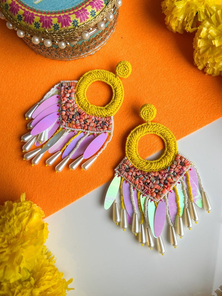 Zehra Yellow Handmade Beaded Tassel Earrings