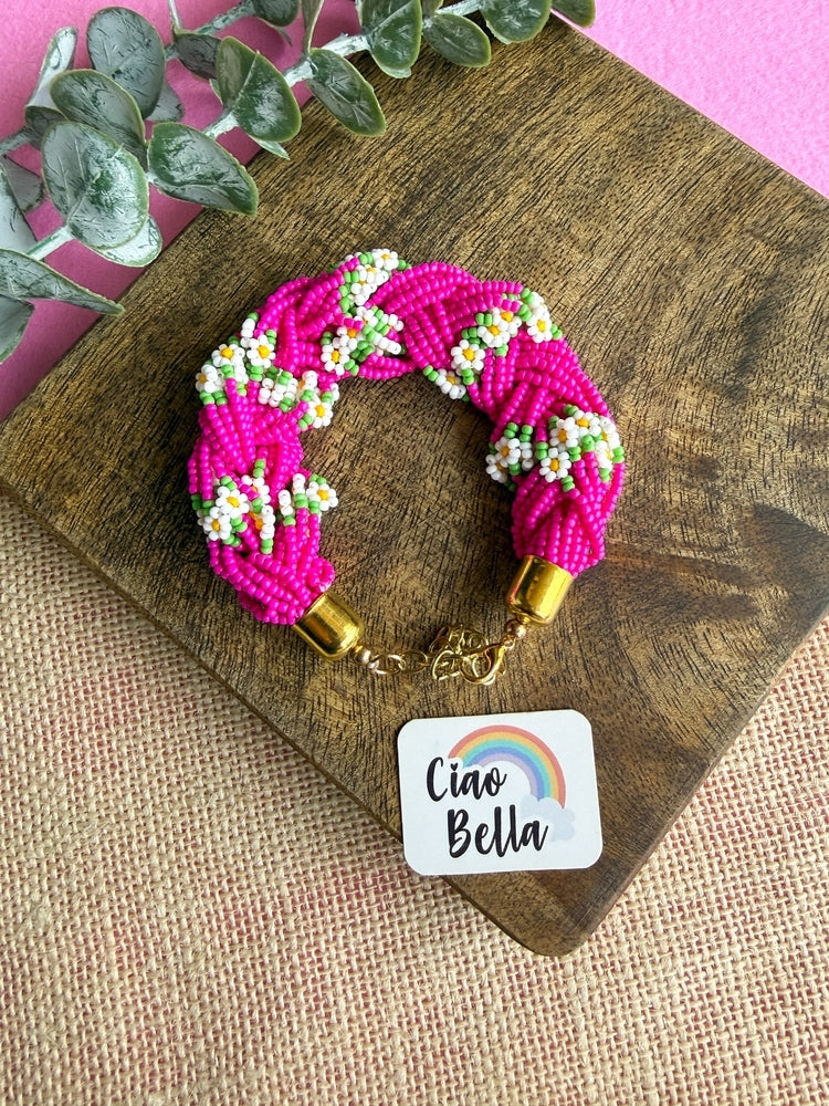 Luxe Flora Rose Pink Handmade Beaded Bracelet + Ring Combo