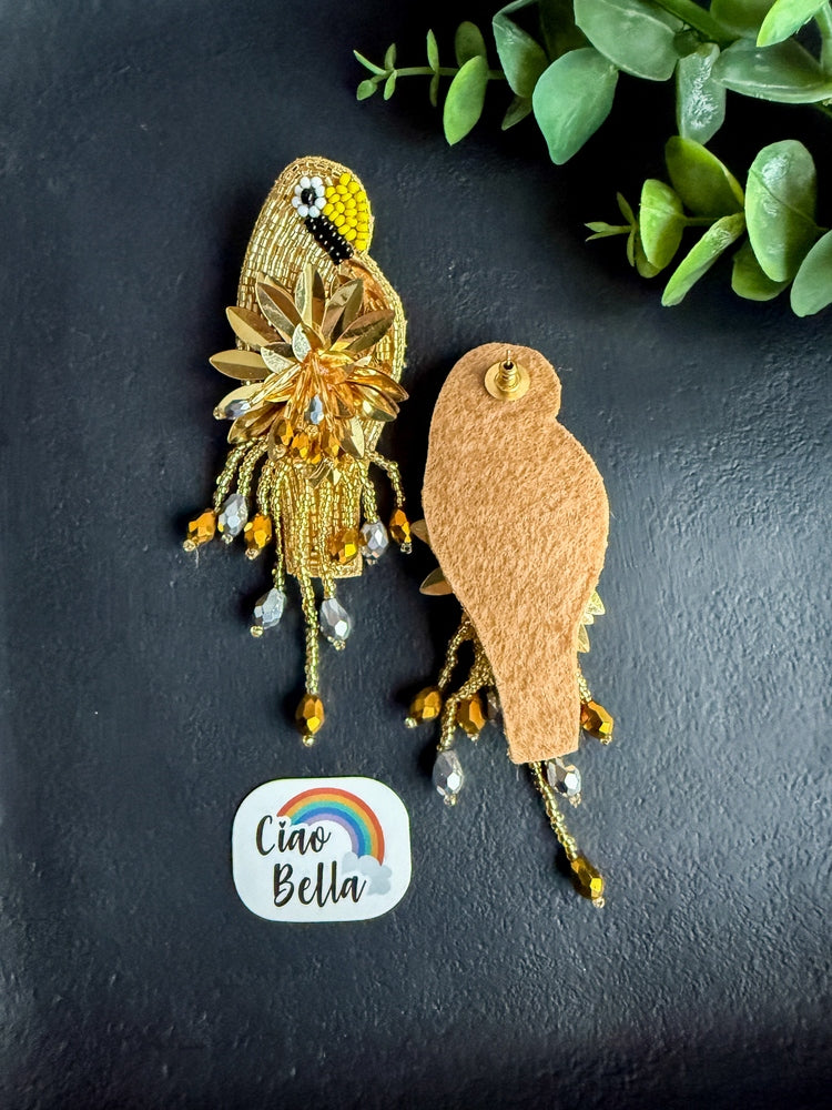 Luxe Paradise Golden Parrot Earrings Handmade Beaded Bird Earrings