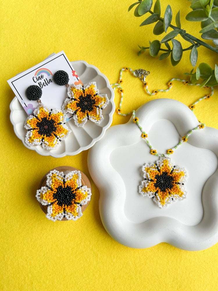 Sun-Kissed Flower Handmade Beaded Necklace + Earrings + Ring Set