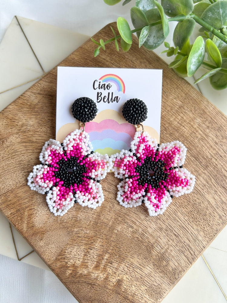 Blossoming Pink Flower Handmade Beaded Earrings