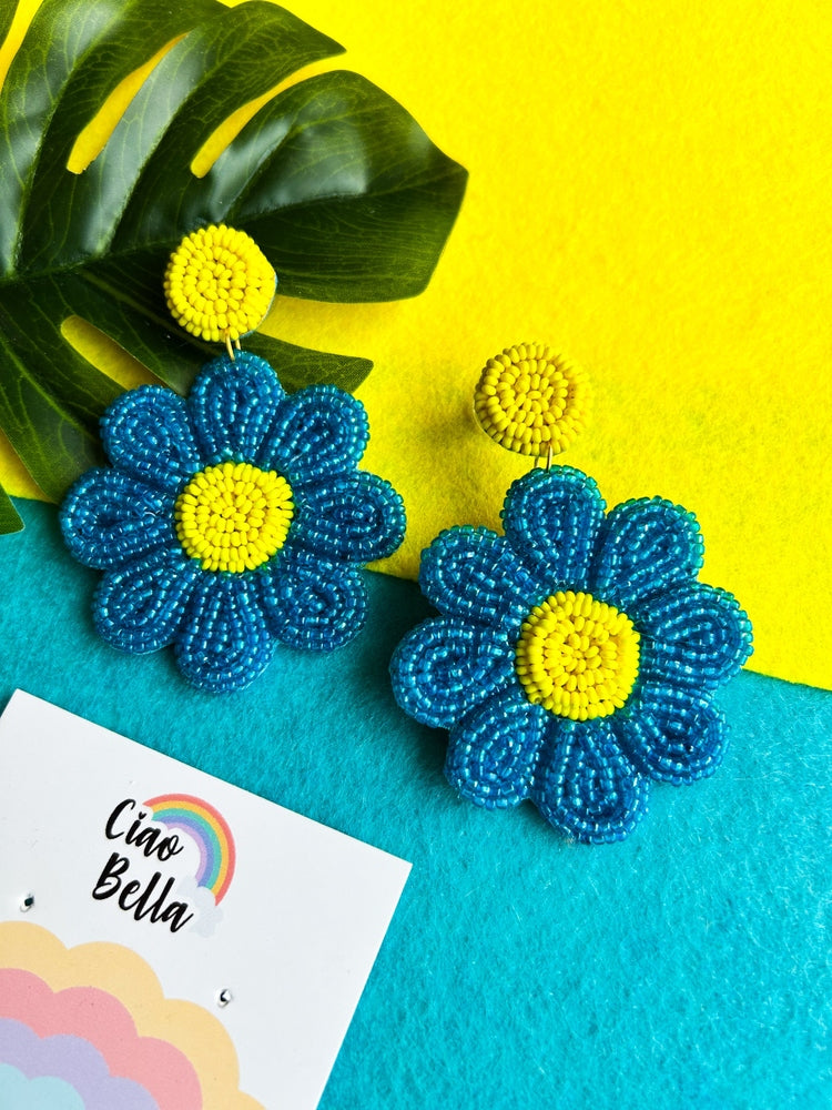 Forever-Blue Daisy Handmade Beaded Flower Earrings