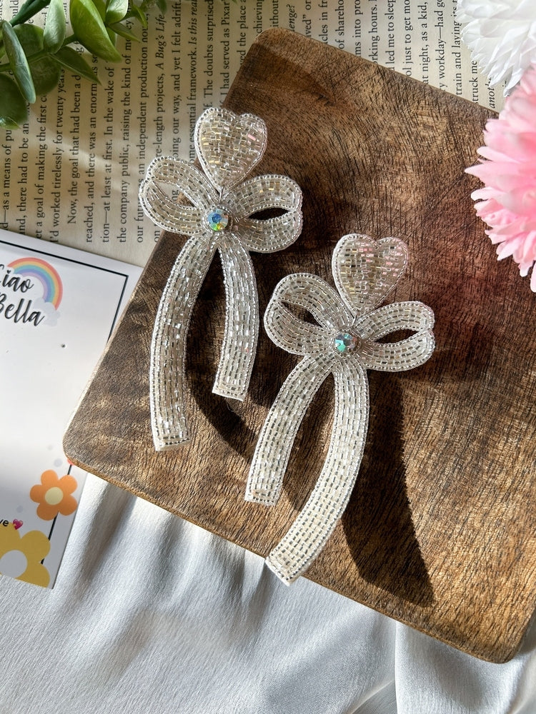 Glam Bow (Silver) Handmade Beaded Earrings