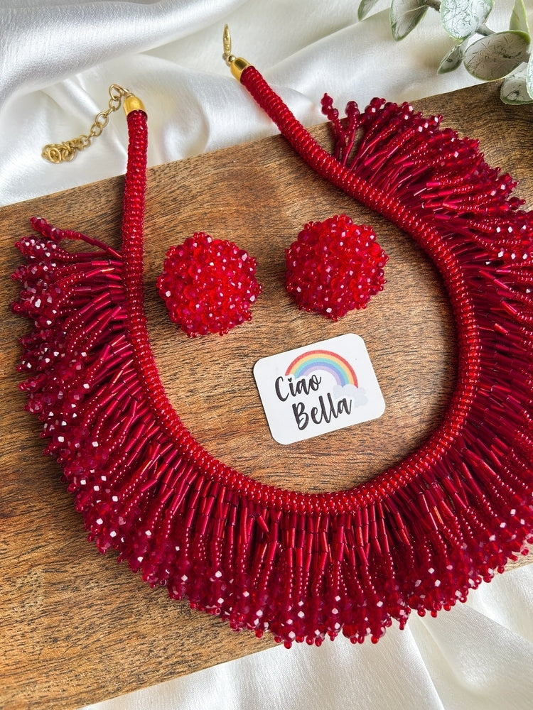 Velvet Rouge Tassel Deep Red Handmade Beaded Necklace + Earrings Set