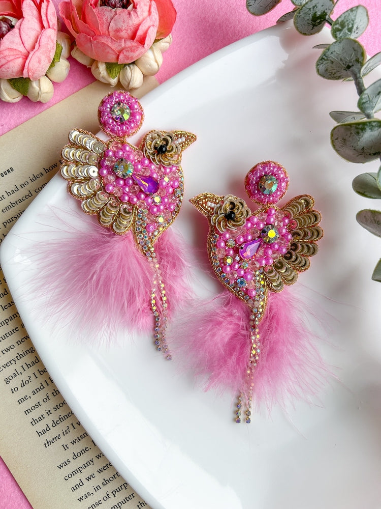 Glamorous Pink Birdies Handmade Beaded Bird Earrings