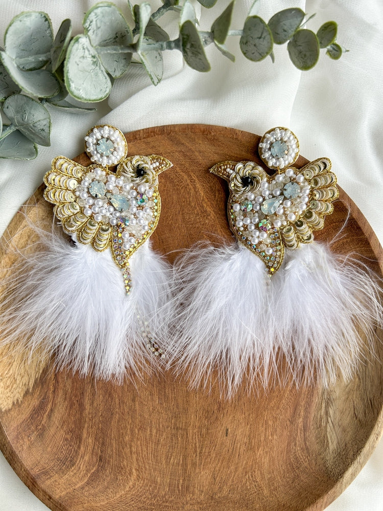 Glamorous Ivory Birdies Handmade Beaded Bird Earrings
