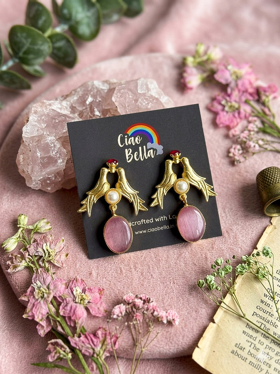 Love Birds Pink Monalisa Stone Handmade Brass Earrings