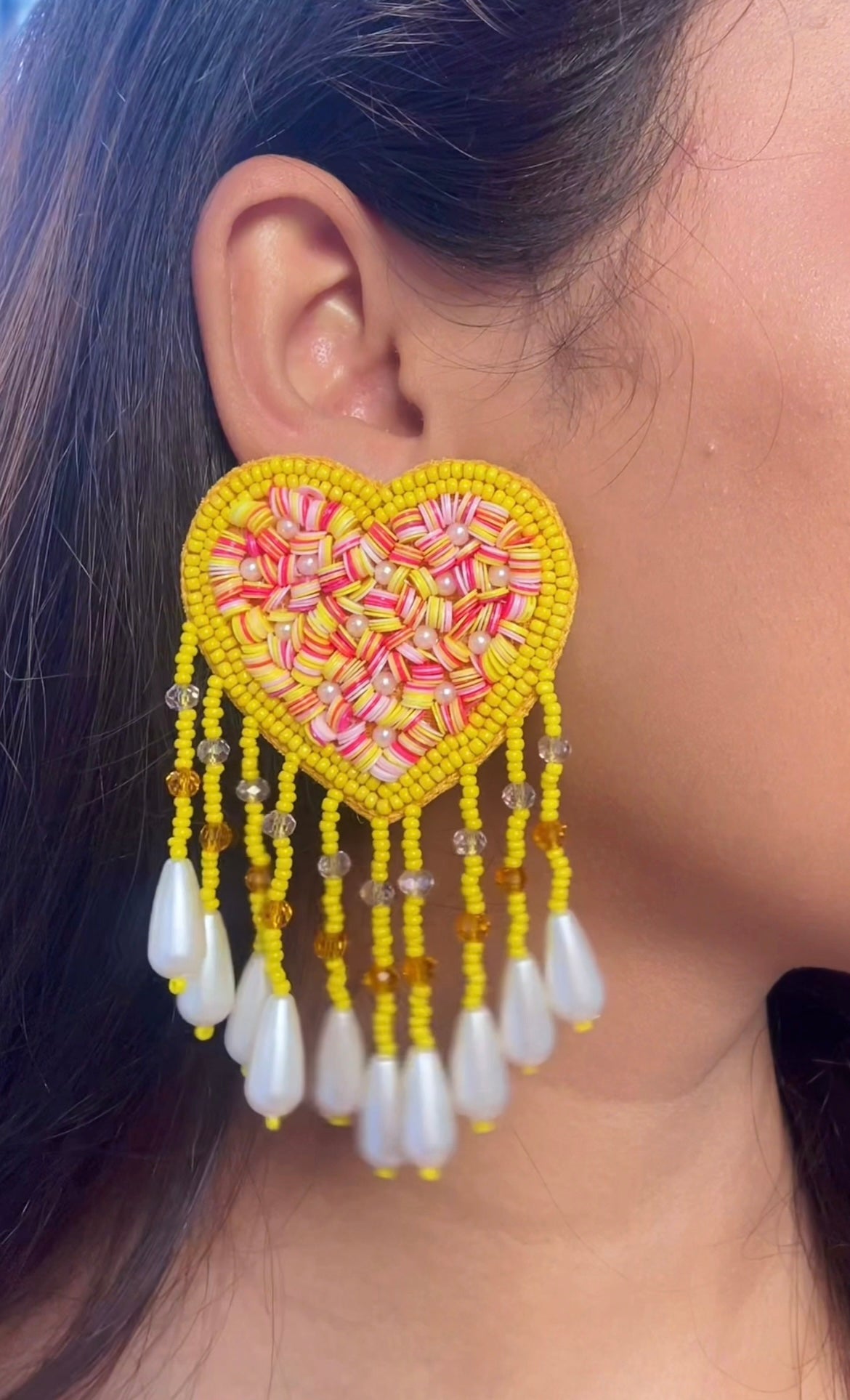 Sunny Heart Drop Tassel Handmade Beaded Earrings