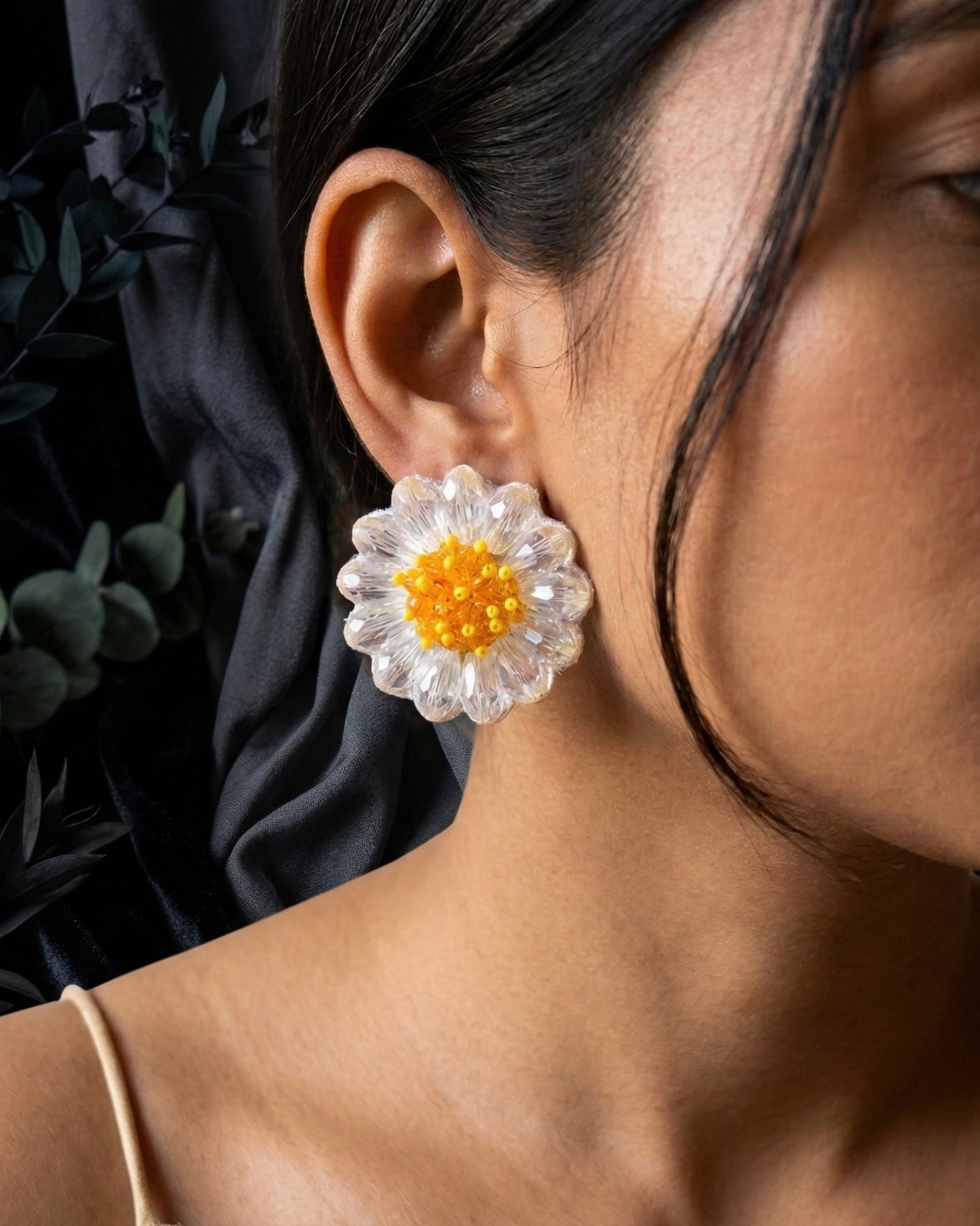 Sparkling White Daisy Stud Handmade Beaded Flower Earrings