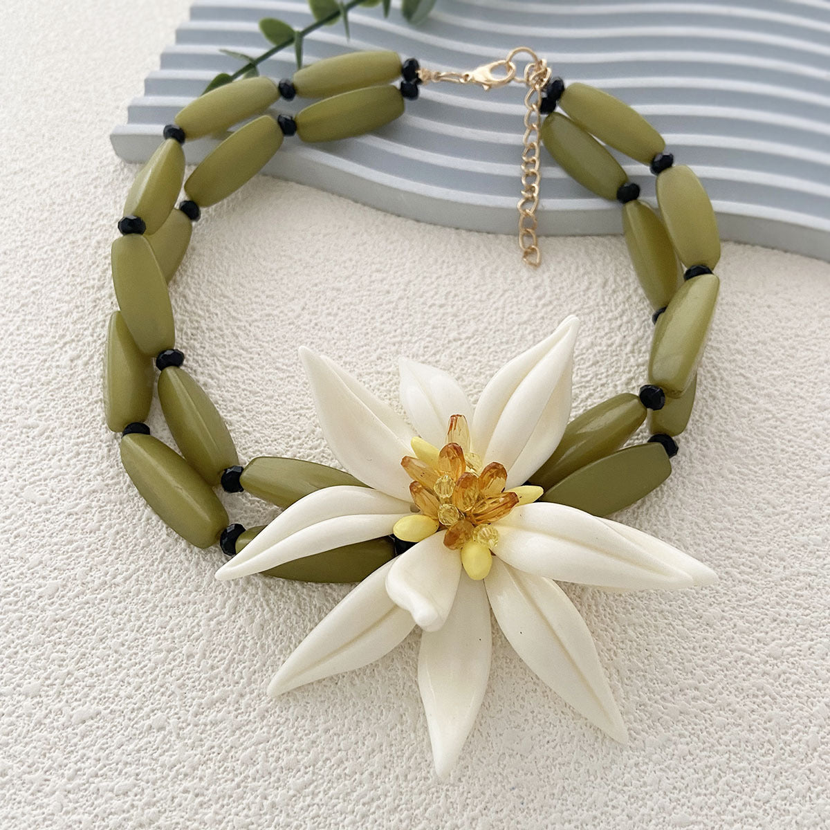 Tropical Flower Green Beaded Chain Statement Chunky Necklace