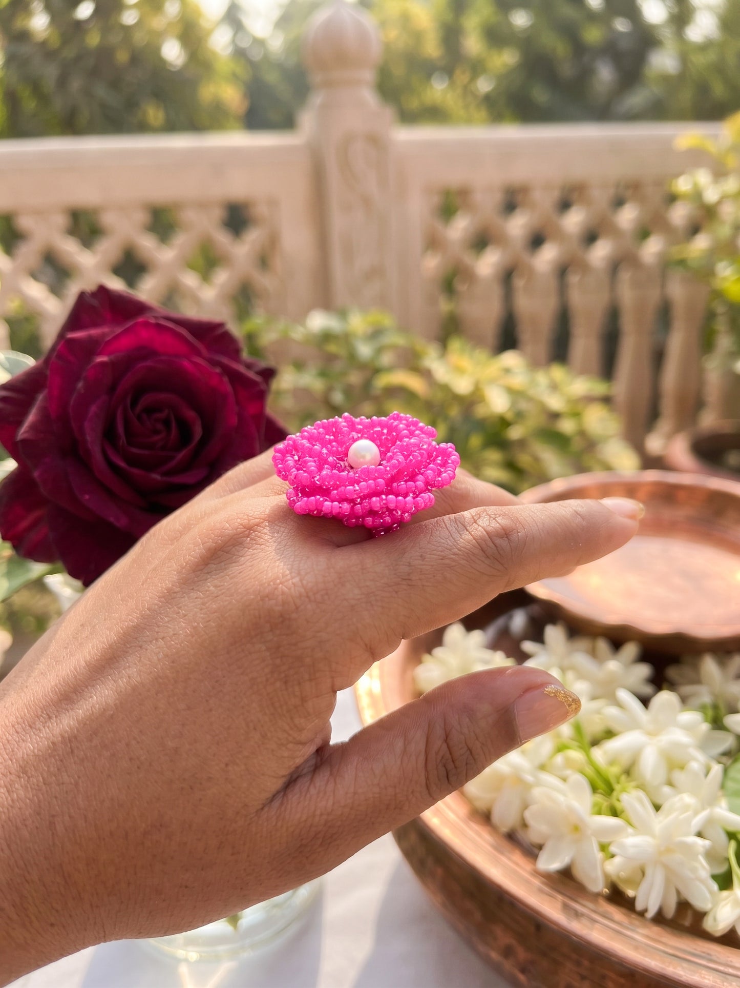 Crochet Pink 3D Rose Flower Handmade Beaded Ring