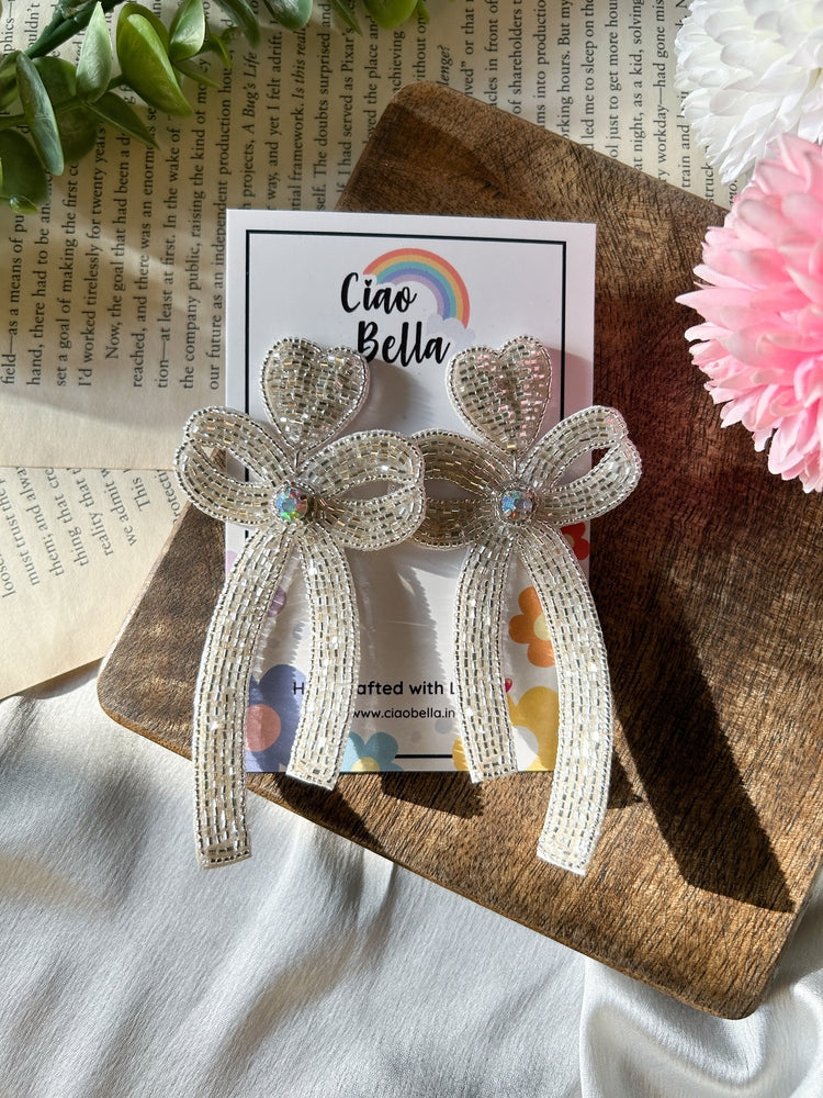 Glam Bow (Silver) Handmade Beaded Earrings