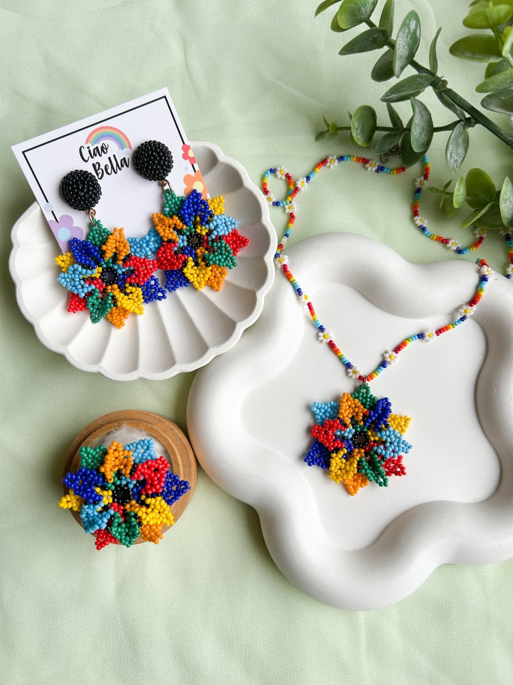 Rainbow Blossoming Flower Handmade Beaded Necklace + Earrings + Ring Set