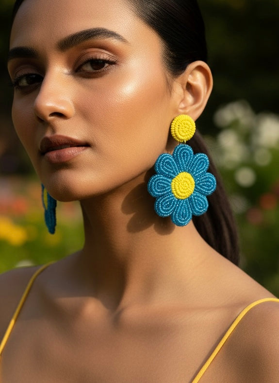 Forever-Blue Daisy Handmade Beaded Flower Earrings
