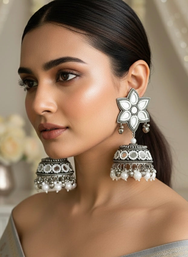 Naaz Mirror Handmade Beaded Jhumka Earrings