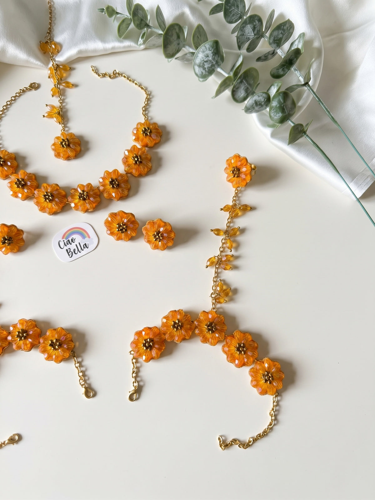 Sparkling Sunflower Handmade Beaded Haldi Jewellery Set (Necklace + Earrings + Hathphools + Maangtika)