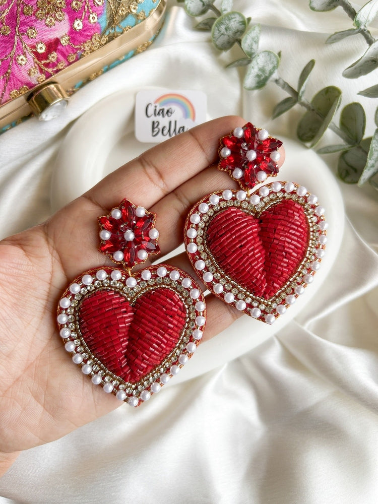 Ishqiya Red Heart Drop Handmade Beaded Earrings