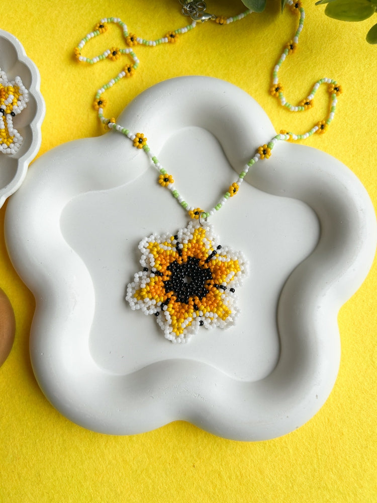 Sun-Kissed Flower Handmade Beaded Necklace + Earrings + Ring Set