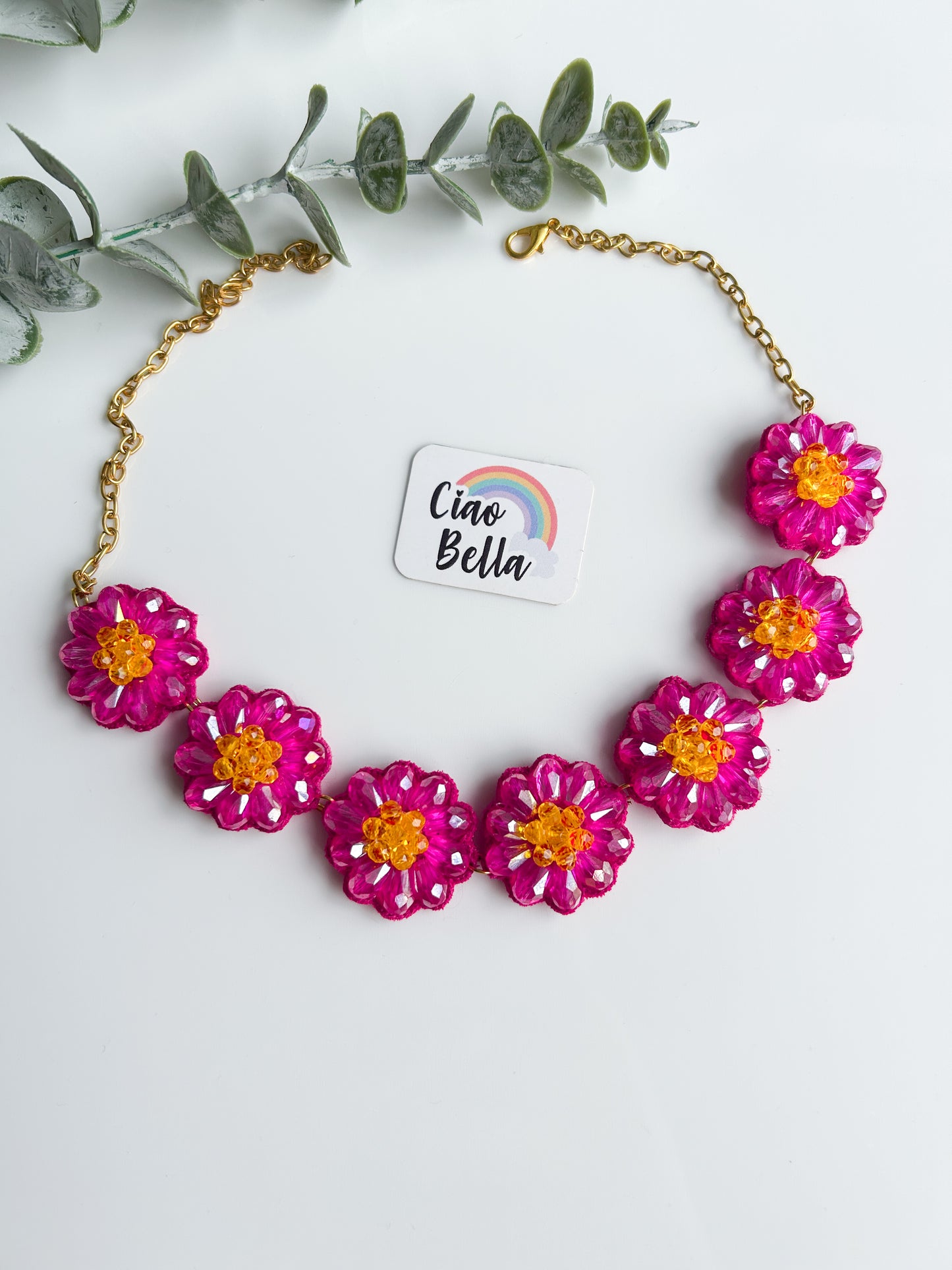 Sparkling Hot Pink Daisy Handmade Beaded Necklace + Earrings Set