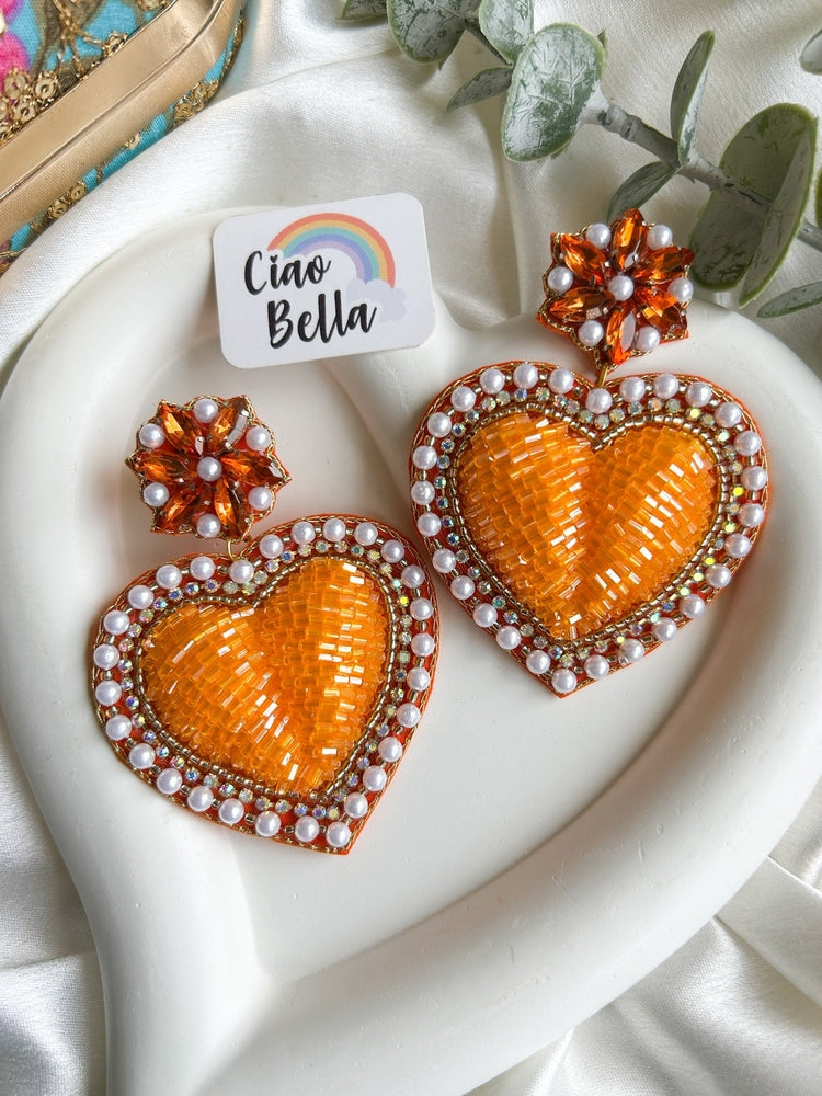 Ishqiya Orange Heart Drop Handmade Beaded Earrings