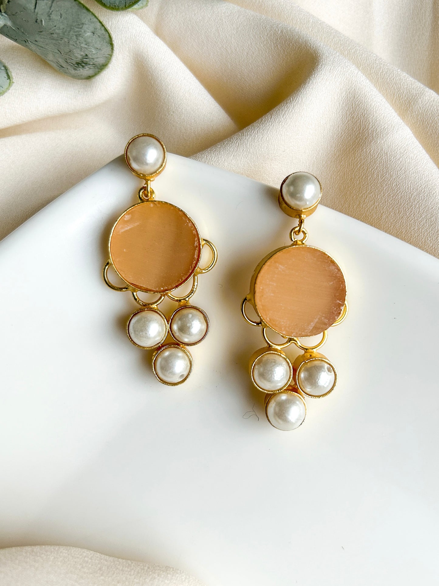 Peach Druzy Drop Handmade Brass Earrings