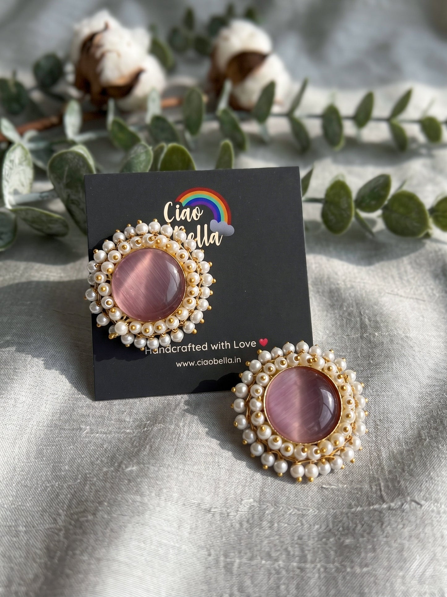 Sitara Blush Pink Pearl Round Handmade Brass Earrings