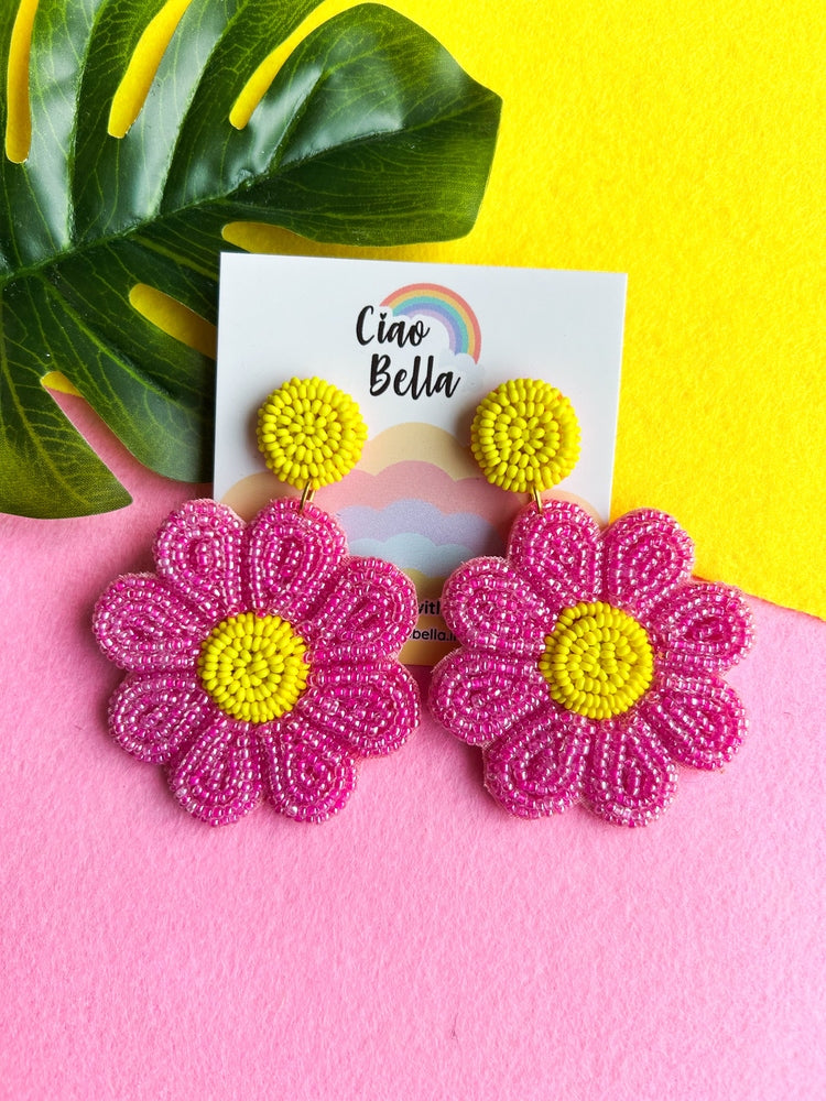 Forever-Pink Daisy Handmade Beaded Flower Earrings